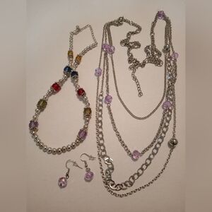 #635.  3 Piece Multi Colored & Purple Glass Beaded Multi Layer Necklace Bundle